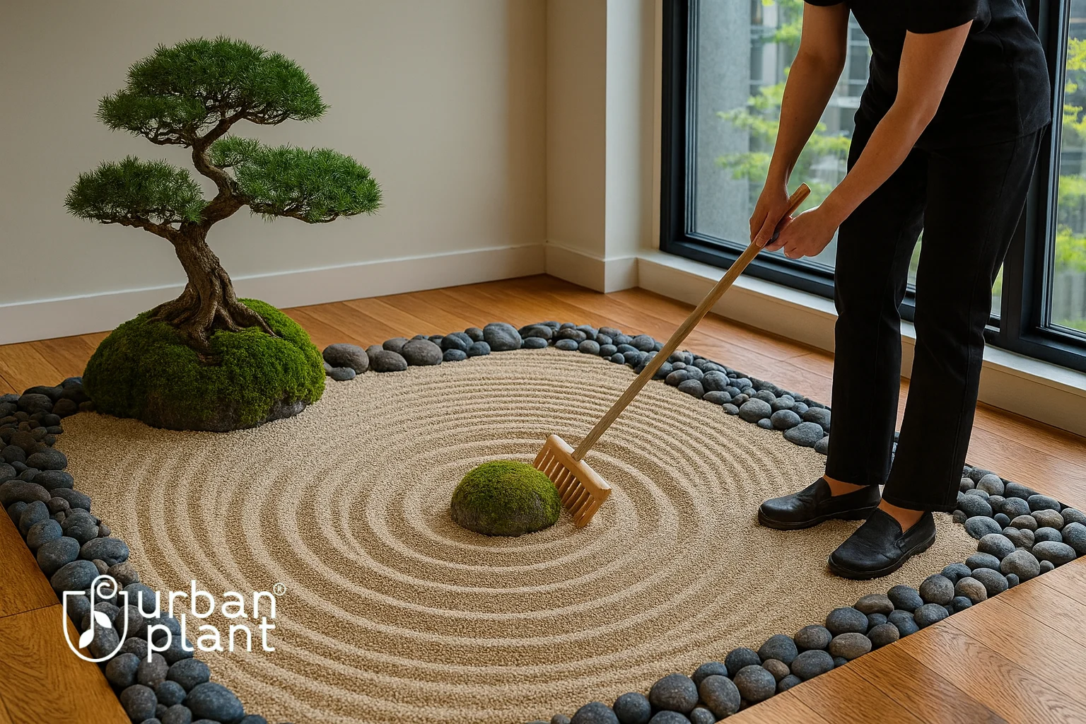 Urban Plant indoor zen garden with raked sand, bonsai tree, and moss for a step-by-step home guide to creating peaceful décor